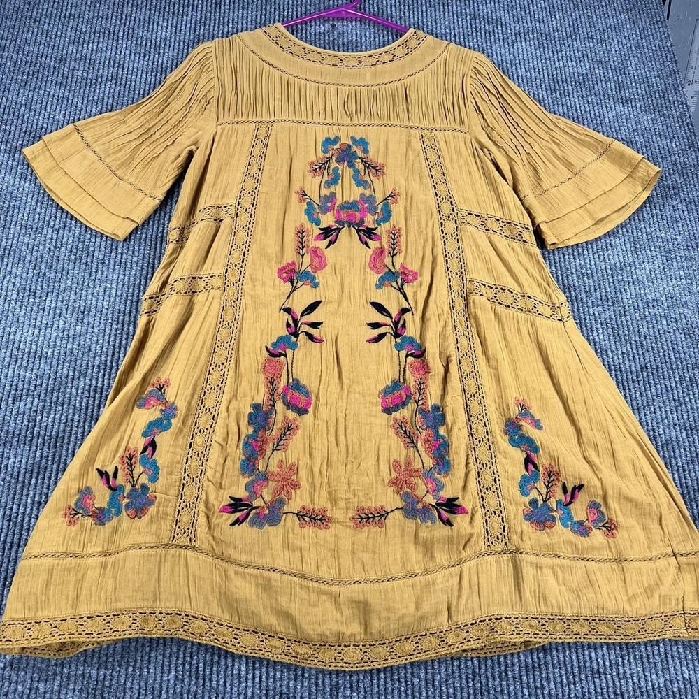Free People Dress Womens XS Yellow Embroidered Floral Boho Cotton Shift Festival